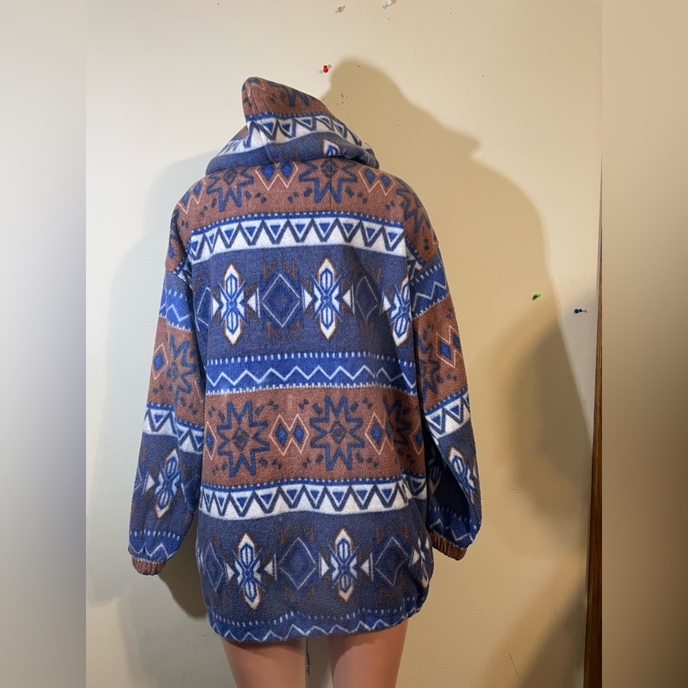 OutBrook Womens Aztec Tribal Fleece Jacket‎ Blue Brown full zip hooded w/pockets - Picture 3 of 12